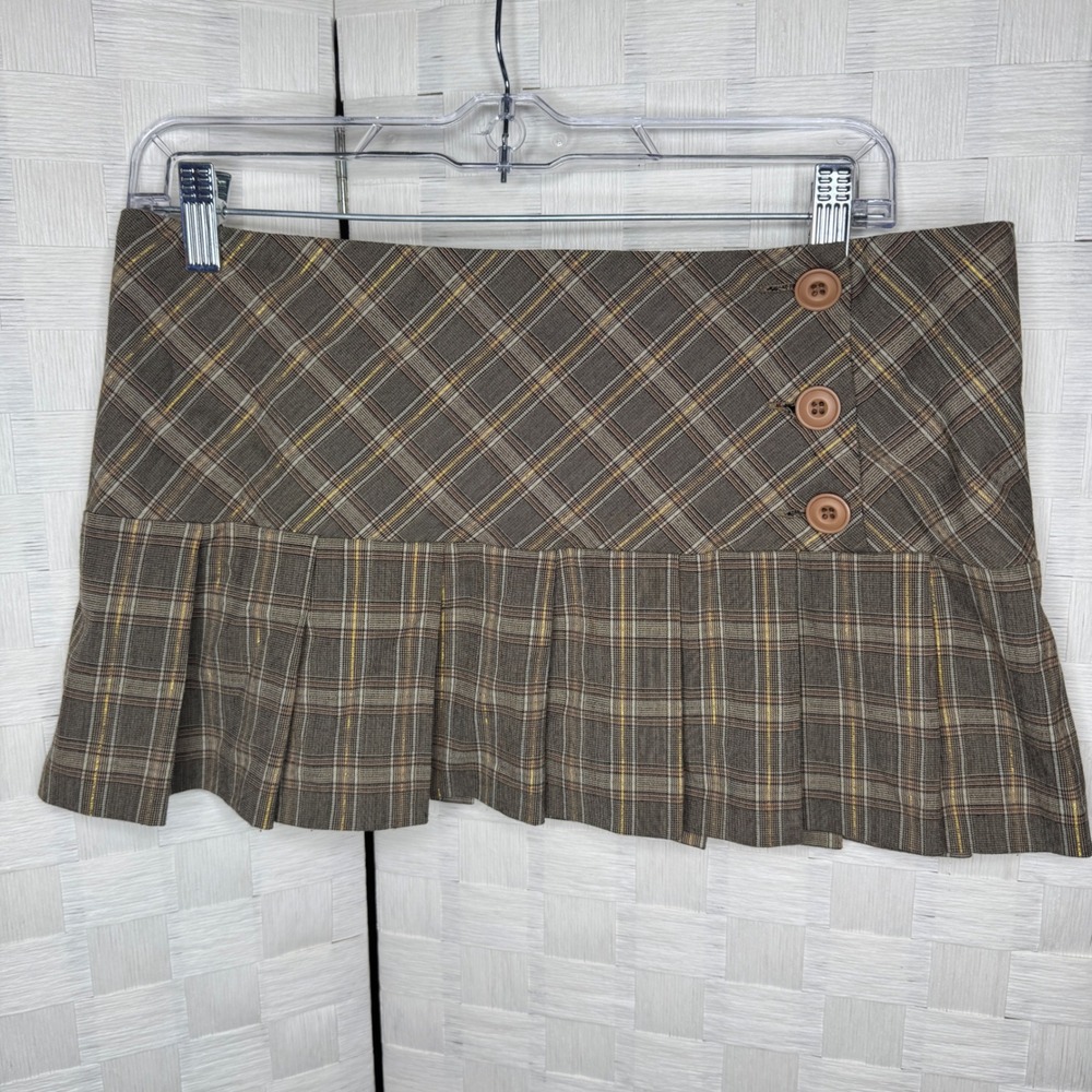 Y2K Vintage Forever 21 Brown Plaid Pleated Micro Mini Skirt Gold School Girl M
